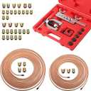 25Ft 1/4" and 3/16" Brake Line Kit,Single & Double Brake Line Flaring Tool Kit with 32 Inverted Fittings and Brakes Flare Tool Kits,Copper Plated Brakes Lines Repair Kits