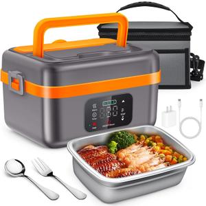 Cordless Electric Lunch Box, Self-Heating Food Warmer, Battery Powered Lunch Boxes with 1L Container, Rechargeable Heated Lunch Box for Men, Women, Car, Truck, Office, Travel (Grey-orange)
