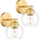 Emak 2 Light Bathroom Vanity Light, Modern Gold Wall Sconce with Clear Glass Shade, Globe Wall Lights for Living Room, Pictures, Bedroom, Bathroom, Hallway, WS114-GD-2PK