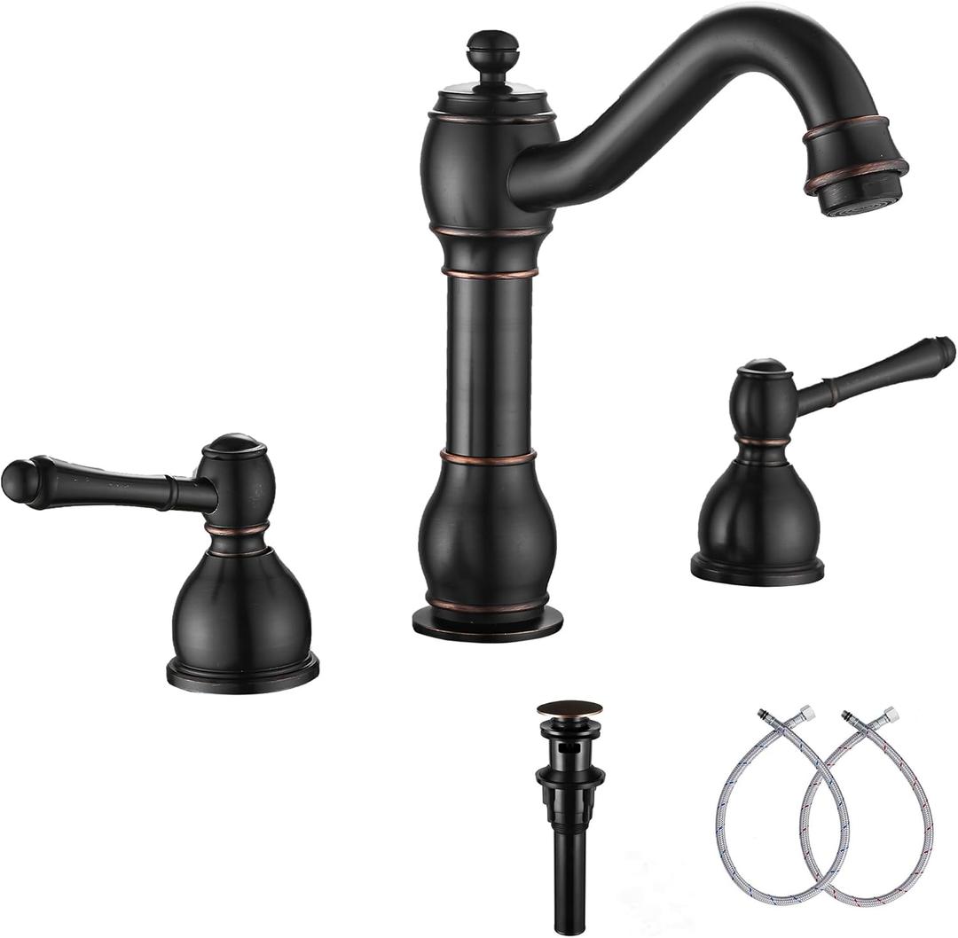 GGStudy 2 Handles 3 Holes Faucet Widespread Bathroom Sink Faucet Basin Tap Mixer Supply Hose Included Matching Pop Up Drain Oil Rubbed Bronze
