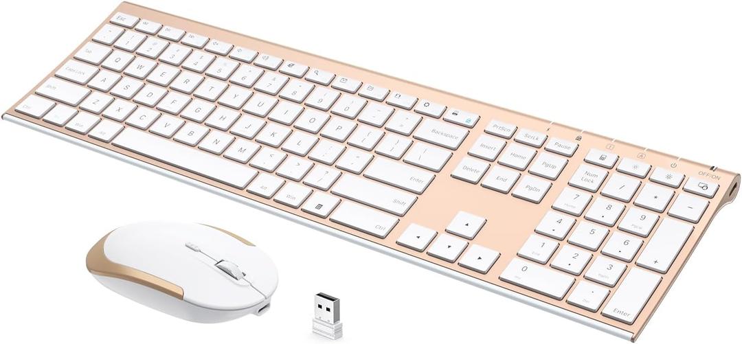 Wireless Keyboard and Mouse, Vssoplor Rechargeable Quiet Full-Size Keyboard and Mouse Combo Set Ultra Slim Design for Laptop, PC, Notebook, Desktop-White and Gold