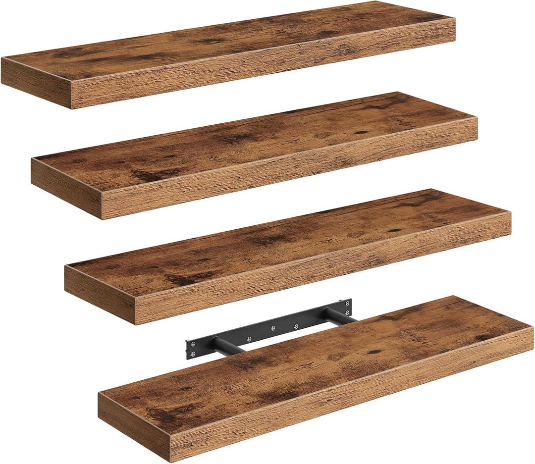 Floating Shelves for Wall, 23.6" Wooden Wall Shelf Set of 4 with Invisible Brackets, 1.5" Thick Hanging Shelves Farmhouse Home Decor for Bathroom, Living Room, Bedroom, Rustic Brown 6301BJP4BF