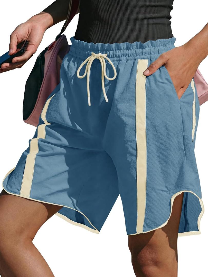 Fisoew Womens Baggy Cargo Shorts Casual Wide Leg Knee Length Drawstring Elastic Waist Workout Running Athletic Yoga Shorts
