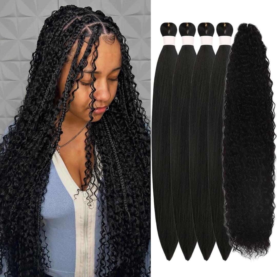 Black Braiding Hair Pre Stretched for Boho Braids Synthetic 1B# Curly Boho Hair for Braiding (5 Packs)