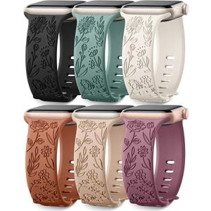 SNBLK 6 Pack Floral Engraved Bands Compatible with Apple Watch Bands 40mm 41mm 42mm 38mm 44mm 45mm 46mm 49mm Women Men, Silicone Flower Pattern Strap for iWatch Series 11 10 Se Ultra 9 8 7 6 5 4 3 2 1 (Black/Pine Green/Starlight/Brown/Milk Tea/Smoke Violet)
