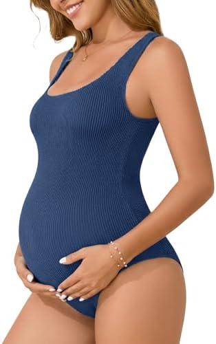 Summer Mae Seamless Maternity One Piece Swimsuit One Size Fits Bathing Suit Ribbed U-Shaped Back Pregnancy Swimwear