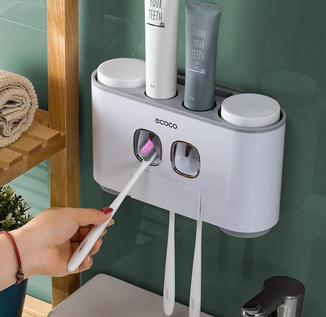 Toothbrush Holders with Toothpaste Dispenser Wall Mounted for Bathroom-4 Cups Automatic Electric Tooth Pastetooth Squeezer-Bathroom Organizer Storage Accessories Set for Kids with 5 Toothbrush Slots