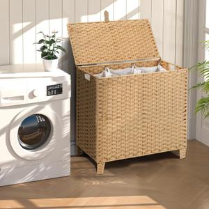 180 L Wicker Laundry Hamper with Lid 3 Section, Extra Large HandWoven Synthetic Rattan Wicker Laundry Basket with Removable Liner Bags for Bedroom Bathroom, Dirty Clothes Hampers Woven Foldable