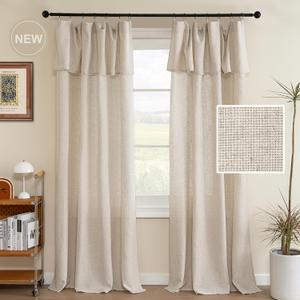 H.VERSAILTEX Linen Curtains with Valance 84 Inch Length for Living Room Boho Window Drapes 2 Panels Set for Farmhouse Semi-Sheer Curtain for Bedroom Rod Pocket/Ring Top 52 x 84 Inch, Linen
