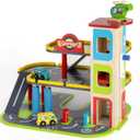 Jasey's Toy Chest Wooden Busy Wheels Garage Playset | 3-Level Wooden Garage with Elevator, Car Wash, Gas Station & Helipad + 2 Cars & 1 Helicopter | for Children Ages 3+, Child-size