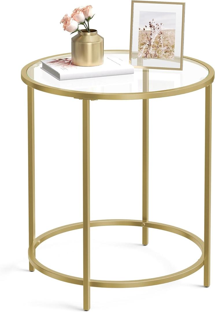 VASAGLE Round Side Table, Tempered Glass End Table, Steel Frame
Small Coffee Table, Bedside Table, Living Room, Balcony, Metallic Gold and Transparent, BARIS Collection LGT20G