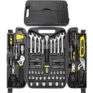 TLGREEN 95 Piece Tool Set, Tool Kit, Mechanics Tool Set, Portable Toolbox with Adjustable Wrench Pliers Socket Bits, with Plastic Toolbox Storage Case, for House Apartment Garage (Yellow)