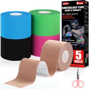 5 Rolls Kinesiology Tape, 5 Colors 2 inch x 16.4 Feet Waterproof Athletic Tape, Uncut Kinetic Tape, Elastic Muscle Tape, Sports Tape, Knee Tape for Exercise and Daily Use (Skin Colour, Light Blue, Green, Roseo, Black)