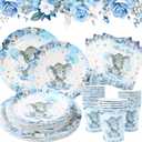 Boy Elephant Baby Shower Decorations Plates - Blue Elephant Plates Disposable Cups,Napkin with Blue flowers for 24 Elephant Theme Party Supplies,Baby Shower Wedding Birthday Party