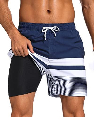 SILKWORLD Mens Swim Trunks with Compression Liner 2 in 1 Quick Dry Bathing Suit Beach Shorts with Zipper Pockets S