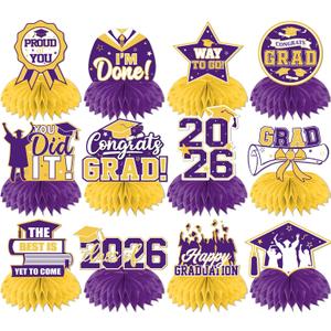 12Pcs Purple and Yellow Graduation Decorations Honeycomb Centerpieces, Class of 2026 Graduations Centerpieces for Tables Purple and Yellow Congrats Grad Graduation Table Decoration Grad Centerpiece