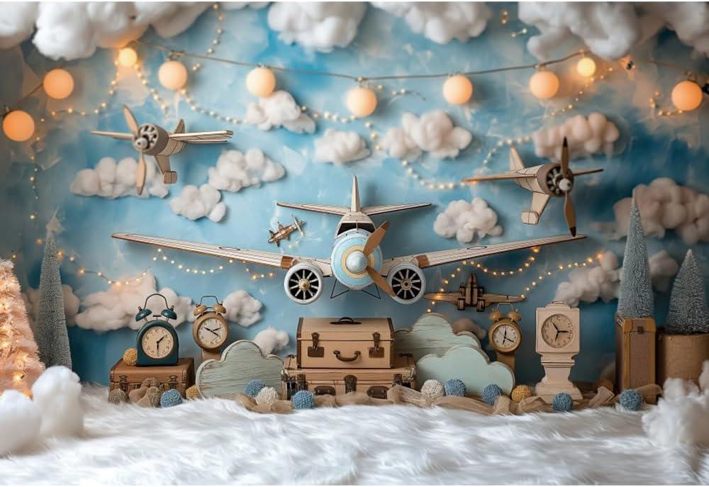 YongFoto Travel Adventure Aircraft Backdrop 7x5ft Cute Clouds Sky Airplane Photography Background Adventure Awaits Baby Shower Boy 1st 2nd Birthday Party Banner Kids Portraits Photoshoot Wallpaper (7ftx5ft)