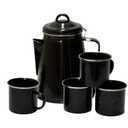 Stansport Enamel 8-Cup Percolator Coffee Pot and 4-Mug Set - Heavy-Duty Campfire Coffee Maker with 12oz Mugs - Percolator Stem Included - Double Baked Enamelware for Camping, Hiking, RV & Cabin (Black)