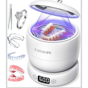 Ultrasonic Retainer Cleaner Machine, Ultrasonic Jewelry Cleaner, Denture Cleaner for Invisalign, Mouth Guards, Night Guards, Aligners, Toothbrush – Detachable Base & Lid, Digital Timer, White