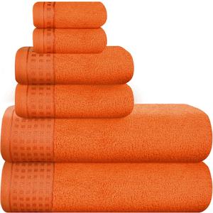 GLAMBURG 100% Cotton Ultra Soft 6 Pack Towel Set, Contains 2 Bath Towels 28x55 Inches, 2 Hand Towels 16x24 Inches & 2 Wash Coths 12x12 Inches, Compact Absorbent Lightweight & Quickdry - Orange