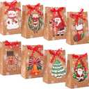 Qeeenar 48 Pcs Christmas Kraft Treat Bags Bulk Xmas Holiday Cookie Goodie Bags with Ribbon for Christmas Party Gifts Supplies, 8 Designs(Cute Style)