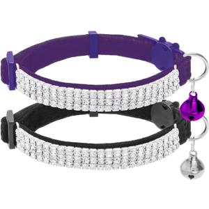 EXPAWLORER Soft Velvet Safe Cat Collars for Girl Cats -2 Pack Rhinestones Bling Diamante Adjustable Collars Breakaway- Chirstmas Cat Clollar Gifts with Bells for Boy Cats Kitty and Small Dogs