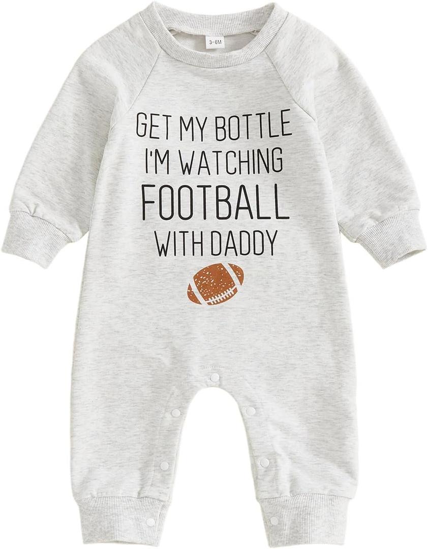 On Sunday We Watch Football With Daddy Newborn Baby Boy Girl Football Outfit Long Sleeve Romper Jumpsuit Fall Clothes (3-6 Months, Gray)