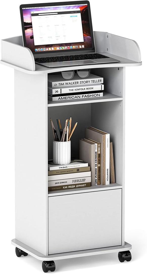 Podium Stand Portable,Mobile Pulpit Podium with Lockable Wheels,Wooden Hostess Stand Reception Desk with Adjustable Shelf and Storage Cabinet for Churches Conference School (White)