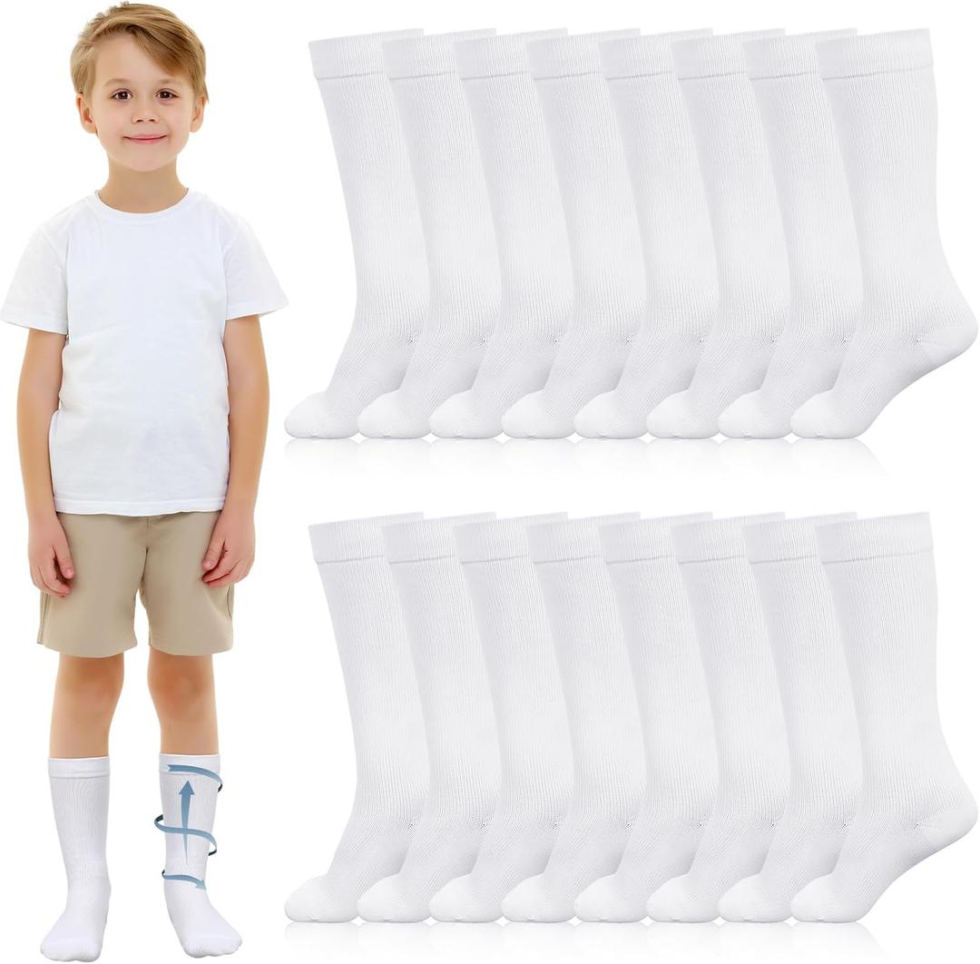 Shinymoon 8 Pairs Kids Compression Socks 15-20 Mmhg Knee Length Sock Calf Graduated Compression Stockings for Boys Girls (White)