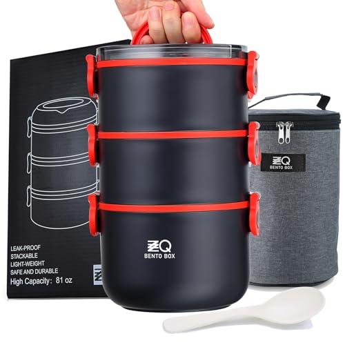 Bento Lunch Box for Adults with Bag & Utensils, 81oz Large Capacity Leakproof 3 Tier Stackable Lunch Box Containers for Adults Work, Men Women Dining Out, Insulated Bento Box Microwave Safe, Black