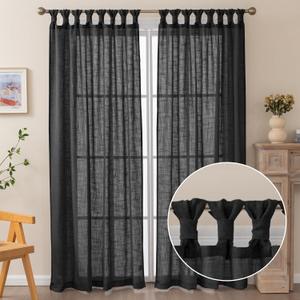 Black Linen Curtain 2 Panels, Semi Sheer Inverted Pleat Curtain Panels with Twist Tabs for Bedroom, Living Room and Dining Room, W52 x L84 inches, Black