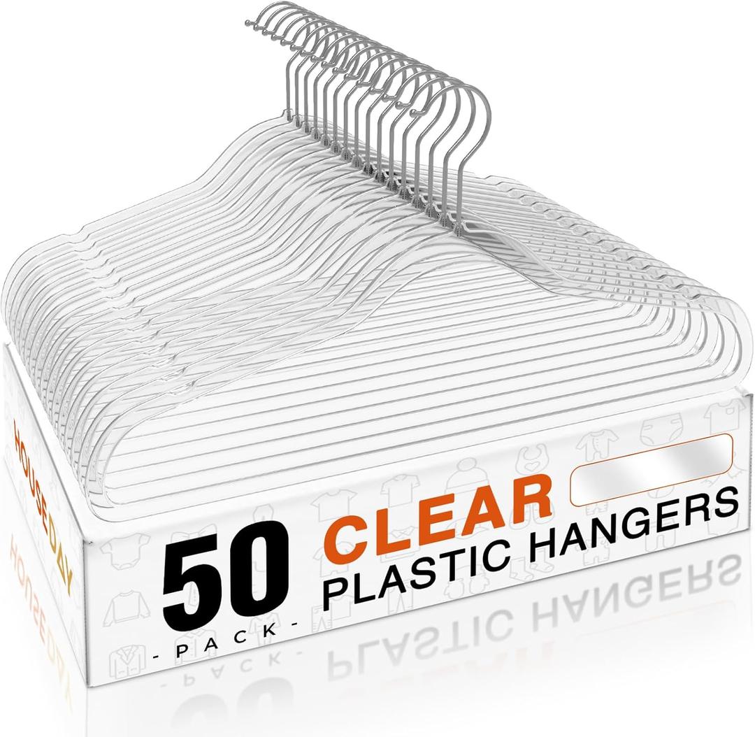 HOUSE DAY Clear Plastic Hangers 50 Pack, Space Saving Clear Hangers for Clothes, Durable Adult Crystal Hanger for Dress, Shirts, Coats, 360 Swivel Hook