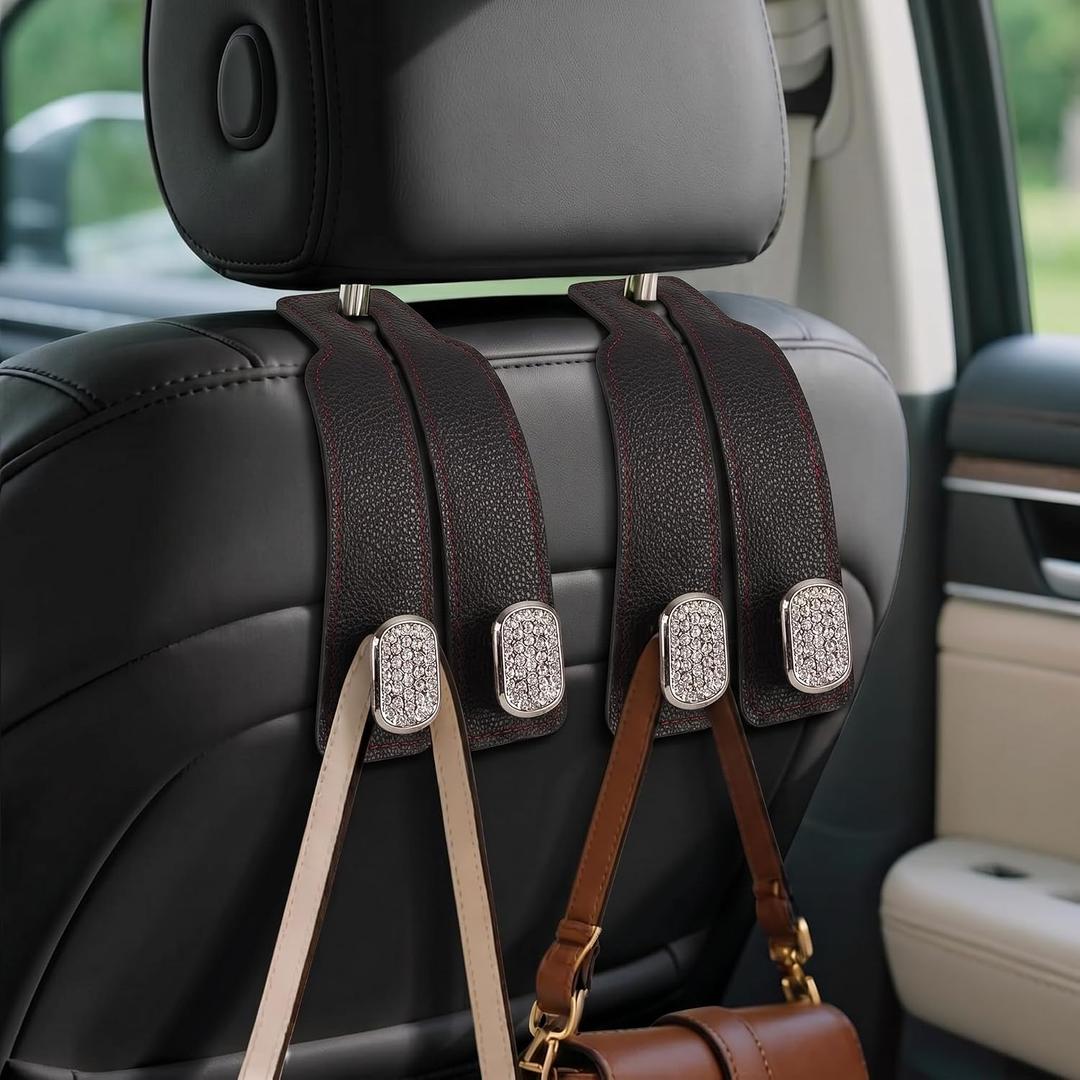 2 x 2Pcs Headrest Hooks for Car Seat Back Storage Black Car Hooks | Double Metal Hooks, Universal Purse Hook, Hidden Car Seat Hooks, No Tool Installation, for Purses, Handbags, Bags