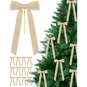 12 Pcs Velvet Ribbon Bows Decorations,White Christmas Ornaments for Tree Home Thanksgiving Party Front Door Wreath Holiday Decor