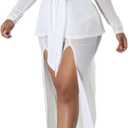 HugeNice Women's Sexy 2 Piece Outfits Clubwear Mesh See Through Tie Front Crop Tops Slit Wide Leg Pants Set (White)