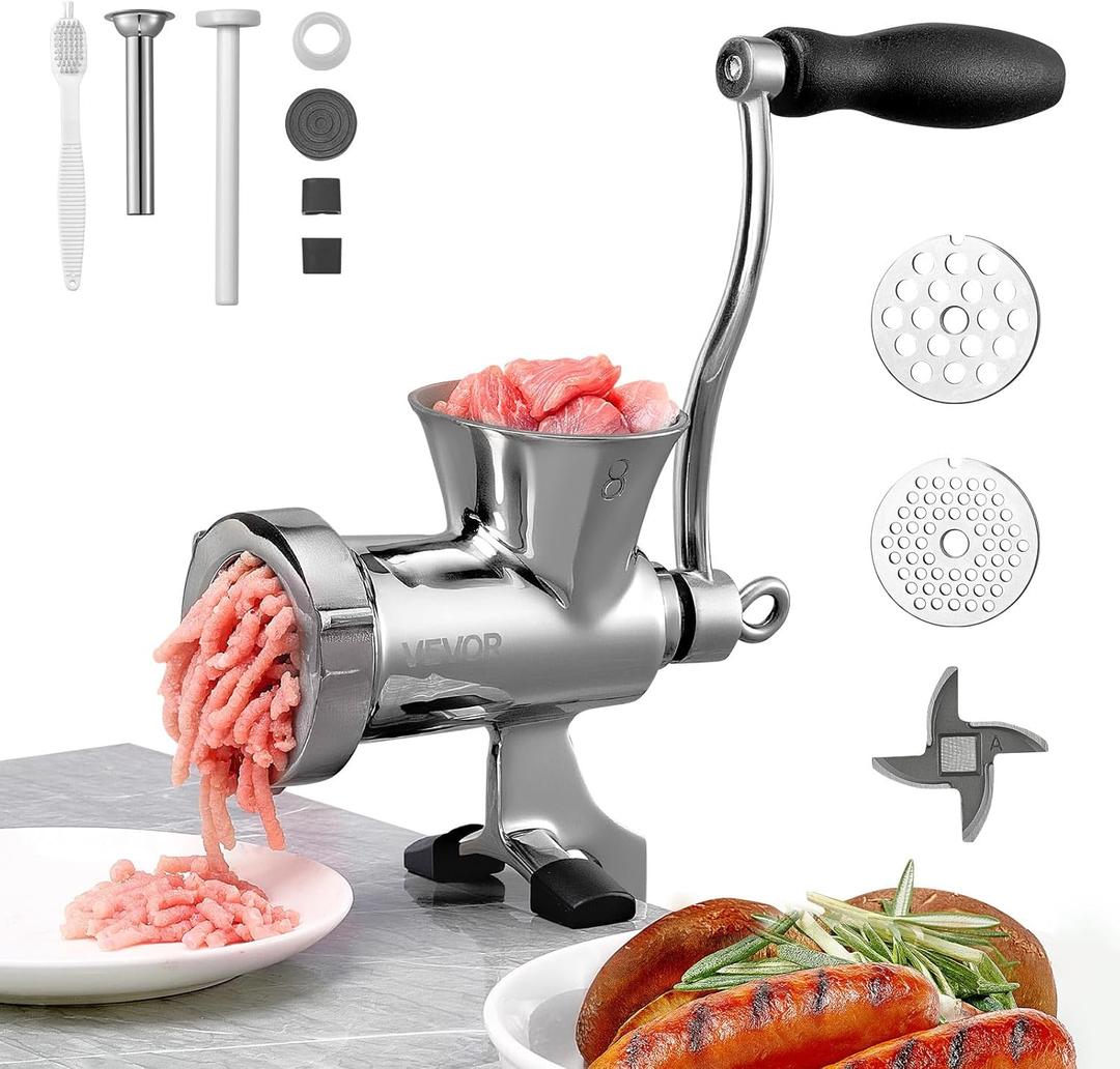VEVOR Manual Meat Grinder, 304 Stainless Steel Hand Crank Meat Mincer with Steel Table Clamp, Sausage Stuffer with 2 Cutting Plates & Sausage Tube, Food Grinder for Beef Chili Pork Kitchen Tabletop