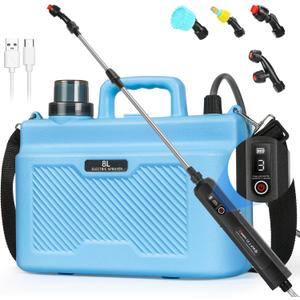 Battery Powered Sprayer 2 Gallon, Powerful Electric Garden Sprayer with 3 Speeds Displayed, Battery Indicator, 4 Mist Nozzles, Retractable Wand, Adjustable Shoulder Strap for Lawn Yard and Garden