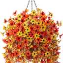 Artificial Fake Spring Hanging Flowers Plants with Basket Outdoor Flower Decor, Faux Silk Colorful Daisy in Metal Coconut Lining Pot Plastic Shrubs Decor Farmhouse Home Garden (Orange Yellow)