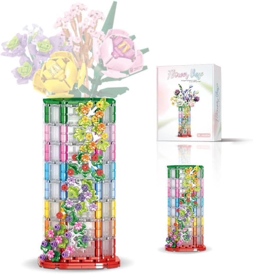 Flower Bulding-Blocks Vase Puzzle-Sets for Blossom Bouquet 10280 40725, Transparent Display Stand. 516 Pcs Home Decor for Mom, Valentines Day for Her, Birthdays for Women