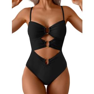 Eomenie Womens Cutout One Piece Swimsuit with Ring Linked Sexy Monokini Bathing Suit for Beach Vacation (Black, XXL)