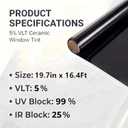 5% VLT Ceramic Car Window Tint Film, 19.6 in x 16.4 Ft Anti Glare One-Way Daytime Privacy Tint Roll, PET Sun & Heat Protection Film, Cuttable DIY Accessory for Side & Rear Windows (Black)