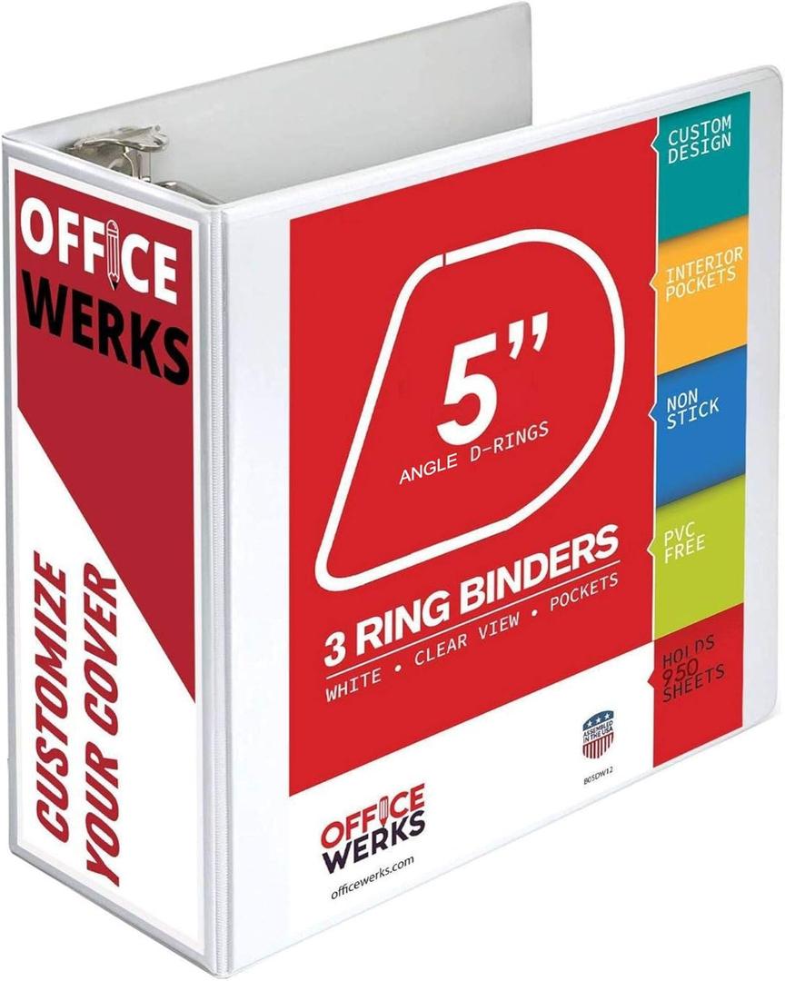 3 Ring Binder, Professional Angle D Ring Binder 5 Inch, Presentation Folder for Standard Pages 8.5 x 11 with Pockets, Crystal Clear View White Binder (1 Pack)