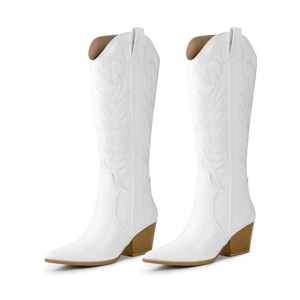 Arromic Cowboy Boots for Women Comfortable Womens Embroidered Western Cowgirl Knee High Boots Pointed Toe Zipper Chunky Heel Country Outfit Retro Tall Boots 9.5