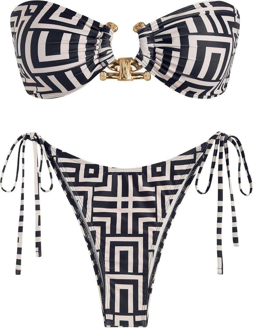 ZAFUL Women's Bandeau Bikini Shiny Metal Ring Decor Lace Up Tied Side High Cut Strapless Swimsuit (Medium, 3-geometric)