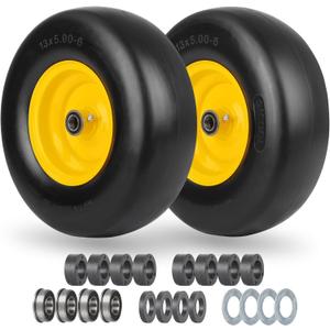 13x5.00-6 Flat Free Lawn Mower Tire and Wheel, Smooth Tread Tire for Lawnmower, Installed 3/4" Bearing with Extra 5/8" Bearing, 3.25"-5.9" Centered Hub, 2 PCS