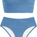 ZAFUL Womens Bandeau Bikini Set Strapless Textured Two Piece Lace up Bathing Suits High Waisted V-Neck Swimsuits (Small, Light Blue)
