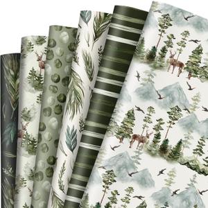 AnyDesign 12 Sheet Forest Theme Wrapping Paper Watercolor Woodland Gift Wrap Paper Bulk Green Tree Elk Art Paper for Birthday Wedding Baby Shower DIY Crafts Gift Packing, 19.7 x 27.6, Folded Flat