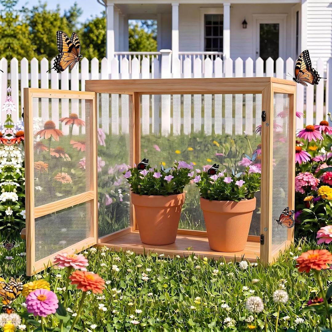 Bucherry Wooden Butterfly Habitat Cage Kit Monarch Caterpillar Enclosure with Mesh Tent & Wood Frame, Detachable Insect Observation House for Kids Outdoor Garden (20")