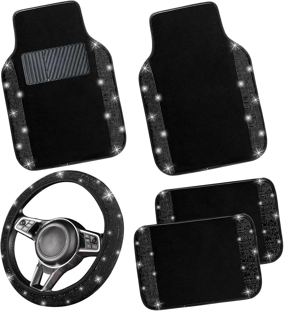 NBTEPEM Bling Car Floor Mats Full Set and Steering Wheel Cover, Universal Fit Most Cars, 4 pcs Sparkle Glitter Diamond Carpet, 5 pcs Bling Car Accessories Set for Women (Black Diamond)