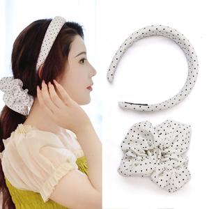 XYNAME Headband and Scrunchie Set for Women 2Pack Hair Ties for Girls Elastics Bands Ponytail Holder Hair Accessories White Dot